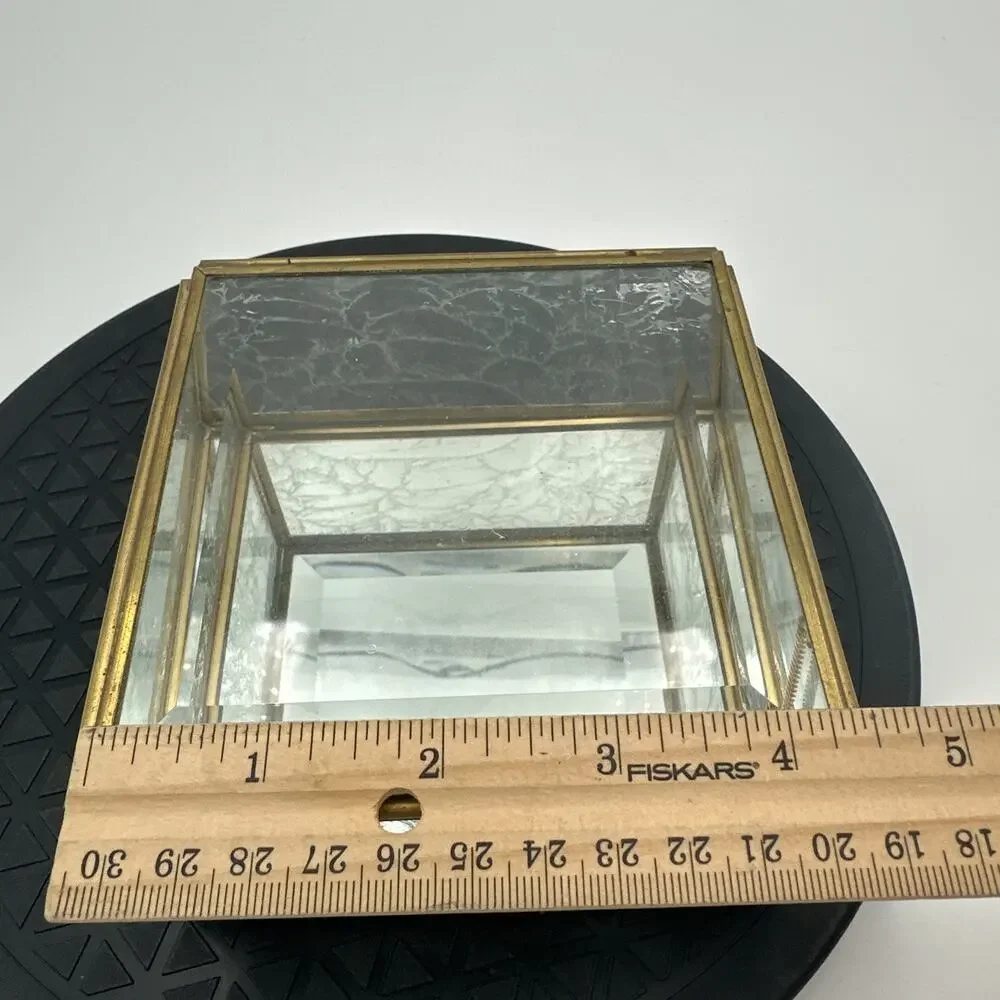 Vintage Glass Brass Trinket Box Etched Frosted Glass
